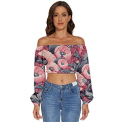 Vintage Floral Poppies Long Sleeve Crinkled Weave Crop Top