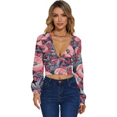 Vintage Floral Poppies Long Sleeve Deep-v Velour Top