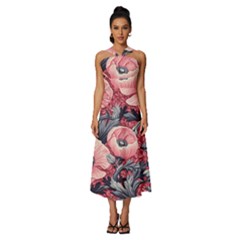 Vintage Floral Poppies Sleeveless Cross Front Cocktail Midi Chiffon Dress