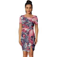 Vintage Floral Poppies Fitted Knot Split End Bodycon Dress