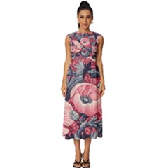 Vintage Floral Poppies Sleeveless Round Neck Midi Dress