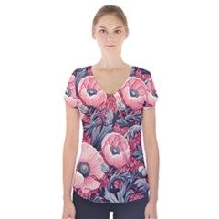 Vintage Floral Poppies Short Sleeve Front Detail Top