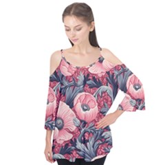 Vintage Floral Poppies Flutter Sleeve T-shirt 