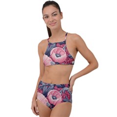 Vintage Floral Poppies Halter Tankini Set