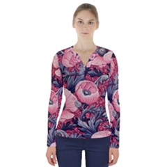 Vintage Floral Poppies V-neck Long Sleeve Top