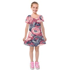 Vintage Floral Poppies Kids  Short Sleeve Velvet Dress