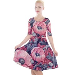 Vintage Floral Poppies Quarter Sleeve A-line Dress