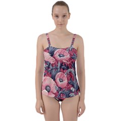 Vintage Floral Poppies Twist Front Tankini Set