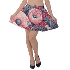 Vintage Floral Poppies Velvet Skater Skirt