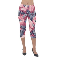 Vintage Floral Poppies Lightweight Velour Capri Leggings 