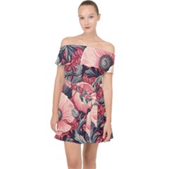 Vintage Floral Poppies Off Shoulder Chiffon Dress