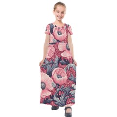 Vintage Floral Poppies Kids  Short Sleeve Maxi Dress