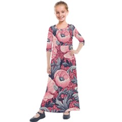 Vintage Floral Poppies Kids  Quarter Sleeve Maxi Dress