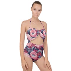 Vintage Floral Poppies Scallop Top Cut Out Swimsuit