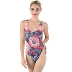 Vintage Floral Poppies High Leg Strappy Swimsuit
