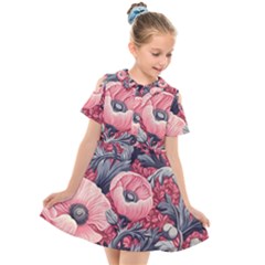 Vintage Floral Poppies Kids  Short Sleeve Shirt Dress