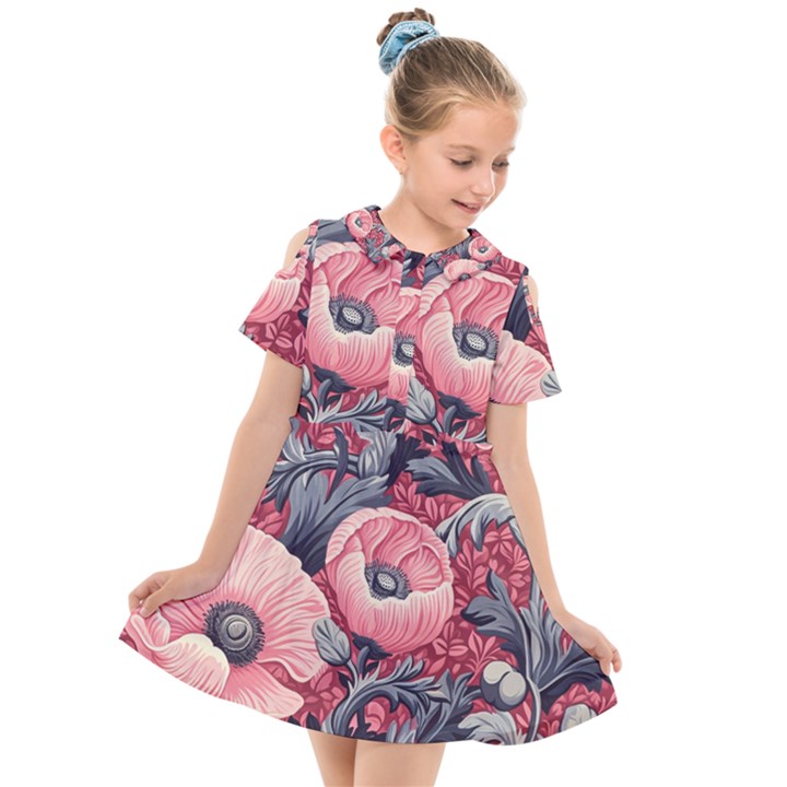 Vintage Floral Poppies Kids  Short Sleeve Shirt Dress