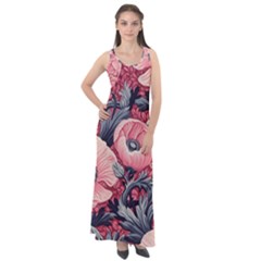 Vintage Floral Poppies Sleeveless Velour Maxi Dress