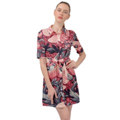 Vintage Floral Poppies Belted Shirt Dress