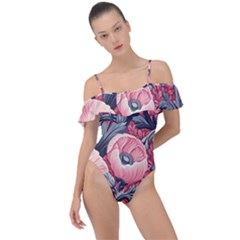 Vintage Floral Poppies Frill Detail One Piece Swimsuit