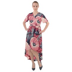 Vintage Floral Poppies Front Wrap High Low Dress