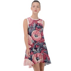 Vintage Floral Poppies Frill Swing Dress