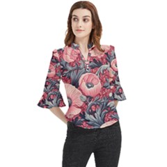 Vintage Floral Poppies Loose Horn Sleeve Chiffon Blouse