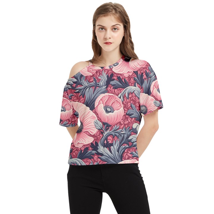 Vintage Floral Poppies One Shoulder Cut Out T-Shirt