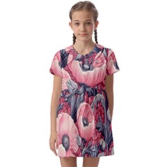 Vintage Floral Poppies Kids  Asymmetric Collar Dress