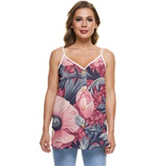 Vintage Floral Poppies Casual Spaghetti Strap Chiffon Top