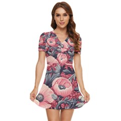 Vintage Floral Poppies V-neck High Waist Chiffon Mini Dress