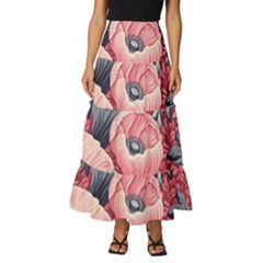 Vintage Floral Poppies Tiered Ruffle Maxi Skirt