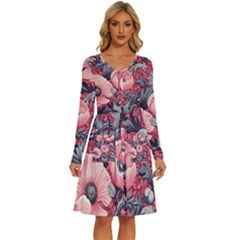 Vintage Floral Poppies Long Sleeve Dress With Pocket
