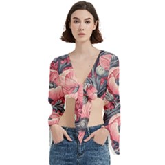 Vintage Floral Poppies Trumpet Sleeve Cropped Top