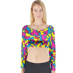 Colorful-graffiti-pattern-blue-background Long Sleeve Crop Top