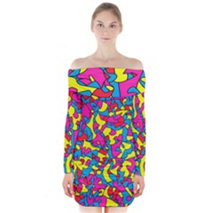 Colorful-graffiti-pattern-blue-background Long Sleeve Off Shoulder Dress