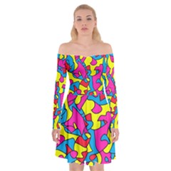 Colorful-graffiti-pattern-blue-background Off Shoulder Skater Dress