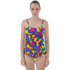 Colorful-graffiti-pattern-blue-background Twist Front Tankini Set