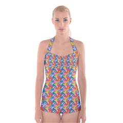 Abstract Pattern Boyleg Halter Swimsuit 