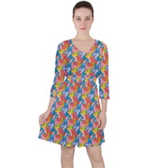 Abstract Pattern Quarter Sleeve Ruffle Waist Dress