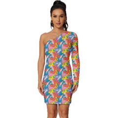 Abstract Pattern Long Sleeve One Shoulder Mini Dress