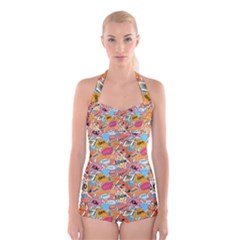 Pop Culture Abstract Pattern Boyleg Halter Swimsuit 