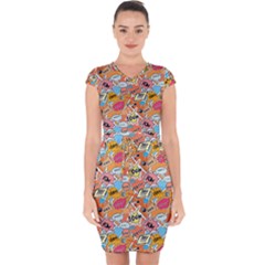 Pop Culture Abstract Pattern Capsleeve Drawstring Dress 