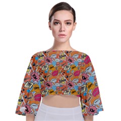 Pop Culture Abstract Pattern Tie Back Butterfly Sleeve Chiffon Top