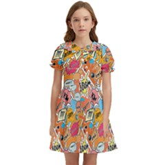 Pop Culture Abstract Pattern Kids  Bow Tie Puff Sleeve Dress