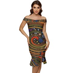 Swirl Vortex Emoji Cyclone Motion Art Off Shoulder Ruffle Split Hem Bodycon Dress