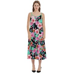 Flower Black Pink Casual Spaghetti Strap Midi Dress