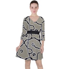 Sketchy Abstract Artistic Print Design Quarter Sleeve Ruffle Waist Dress