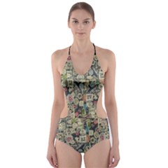 Sticker Collage Motif Pattern Black Backgrond Cut-out One Piece Swimsuit