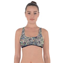 Sticker Collage Motif Pattern Black Backgrond Got No Strings Sports Bra by dflcprintsclothing